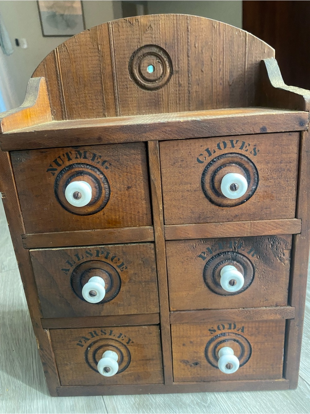 Vintage Wooden Spice Drawer Chest with White Ceramic Knobs - Brown